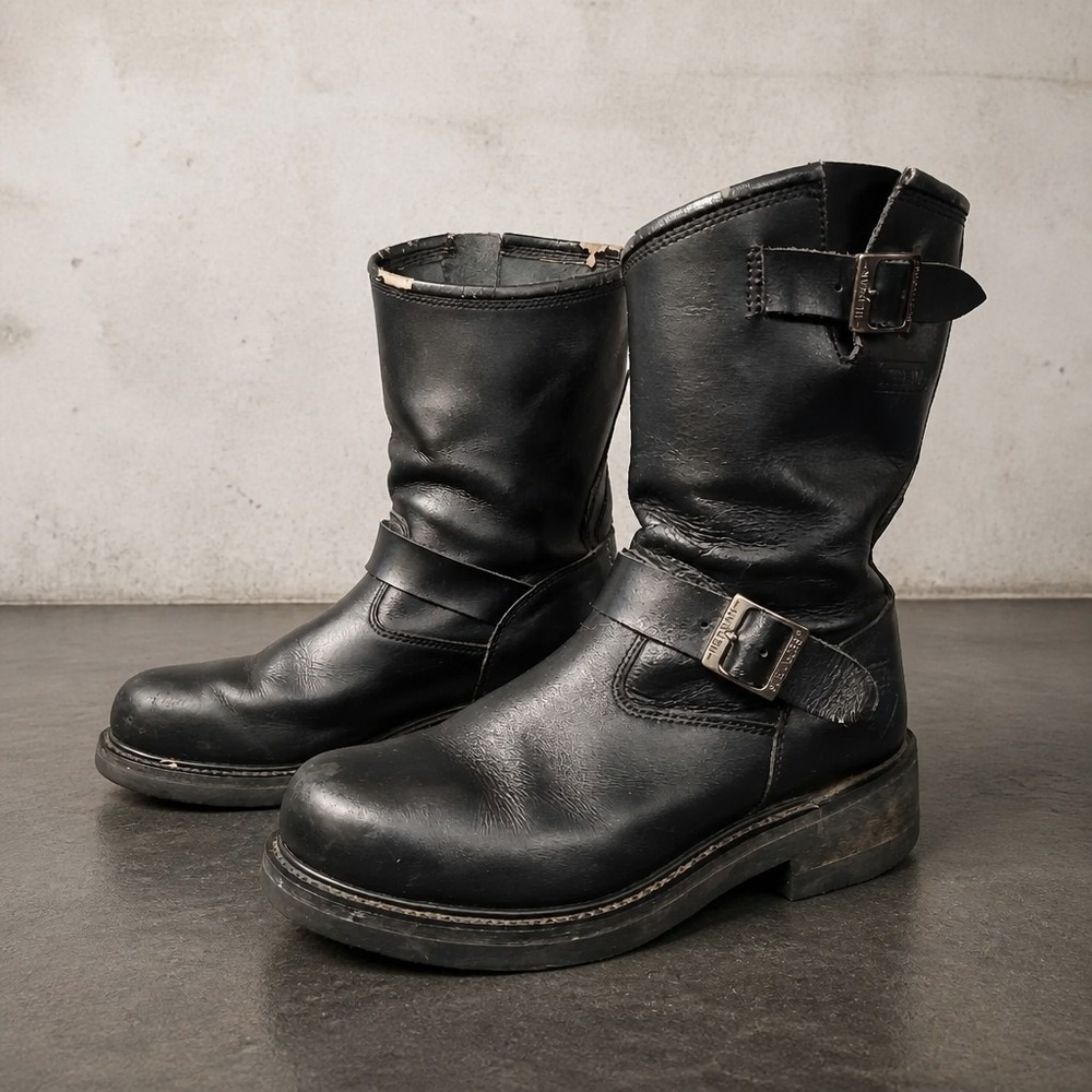 Herman Survivors Vtg Biker Work Motorcycle Boots 10.5 M Black Leather Steel Toe